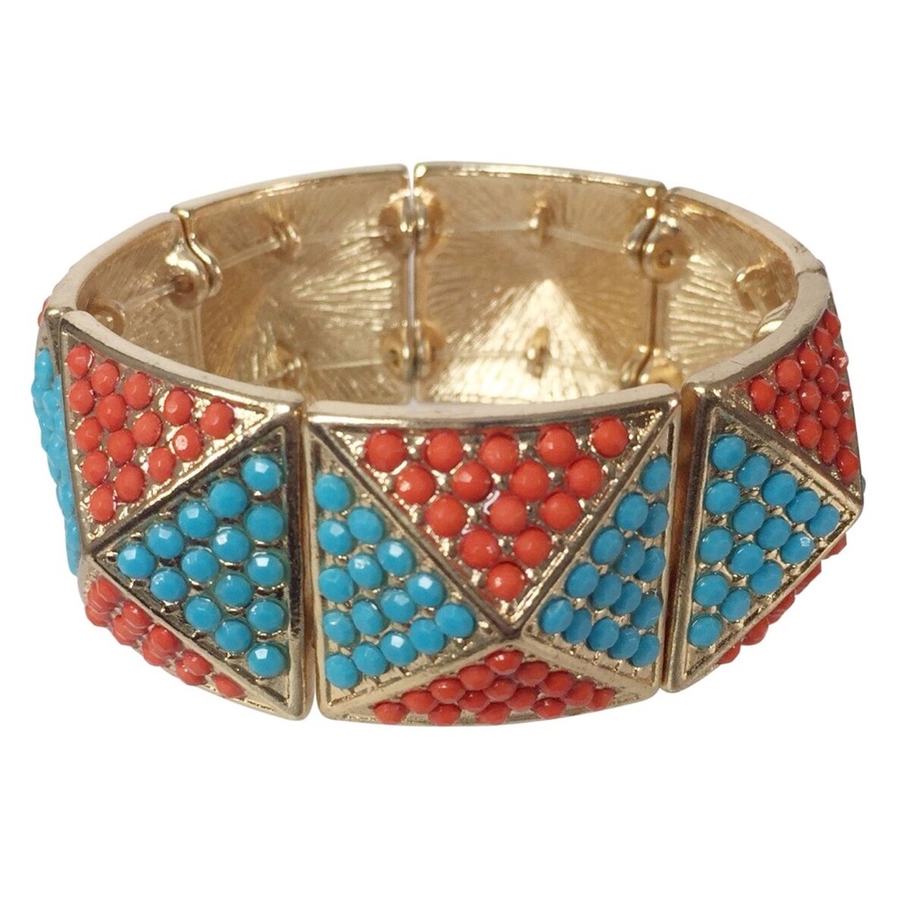 Aqua Blue & Orange Dot Pyramid Gold Tone Stretch Bracelet